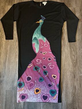 Black Knit Dress with Colorful Peacock With Beading and Sequins